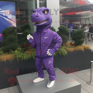Purple Allosaurus mascot costume character dressed with a Windbreaker and Foot pads
