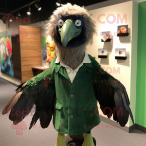 Forest Green Vulture mascot costume character dressed with a Jacket and Shoe clips