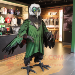 Forest Green Vulture mascot costume character dressed with a Jacket and Shoe clips