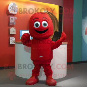 Red Momentum mascot costume character dressed with a Sweater and Gloves