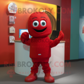 Red Momentum mascot costume character dressed with a Sweater and Gloves