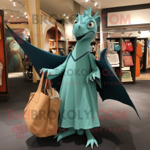 Teal Pterodactyl mascot costume character dressed with a A-Line Dress and Tote bags