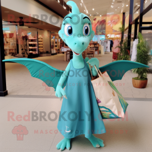 Teal Pterodactyl mascot costume character dressed with a A-Line Dress and Tote bags