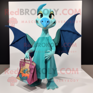 Teal Pterodactyl mascot costume character dressed with a A-Line Dress and Tote bags