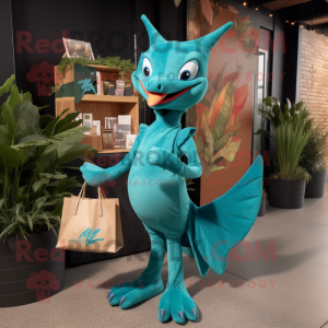 Teal Pterodactyl mascot costume character dressed with a A-Line Dress and Tote bags