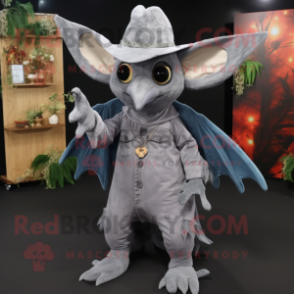 Silver Fruit Bat mascot costume character dressed with a Bootcut Jeans and Hat pins