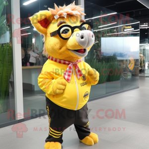 Yellow Wild Boar mascot costume character dressed with a Mini Dress and Eyeglasses