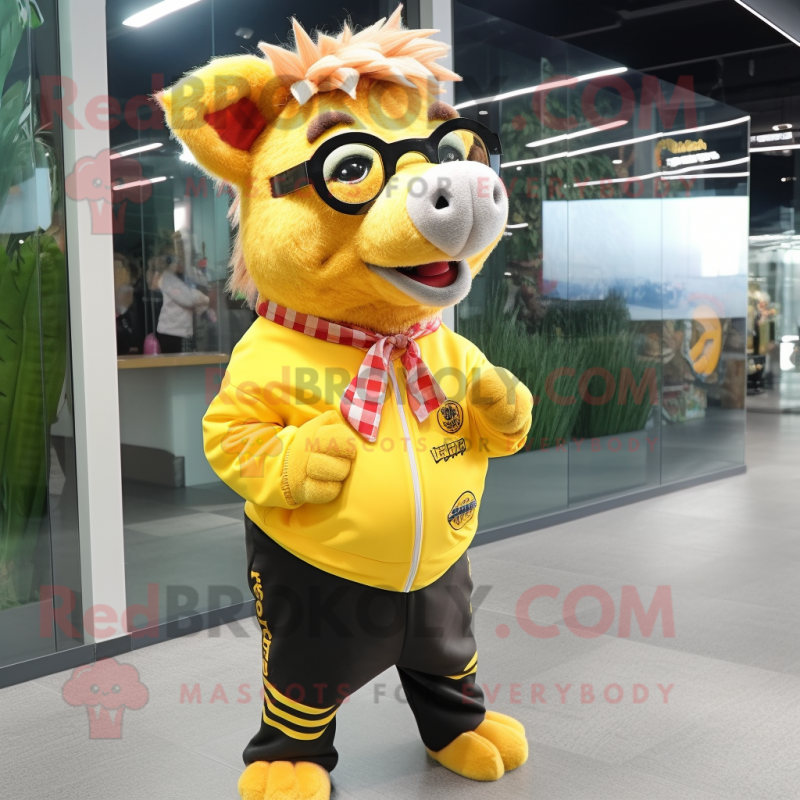Yellow Wild Boar mascot costume character dressed with a Mini Dress and Eyeglasses Yellow Wild Boar mascot costume character dressed with a Mini Dress and Eyeglasses