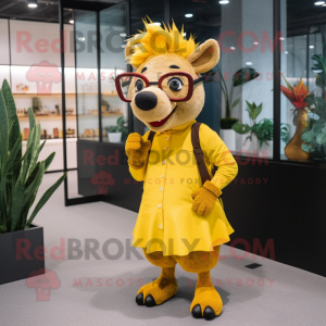 Yellow Wild Boar mascot costume character dressed with a Mini Dress and Eyeglasses