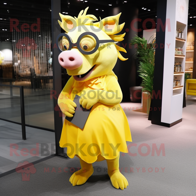 Yellow Wild Boar mascot costume character dressed with a Mini Dress and Eyeglasses