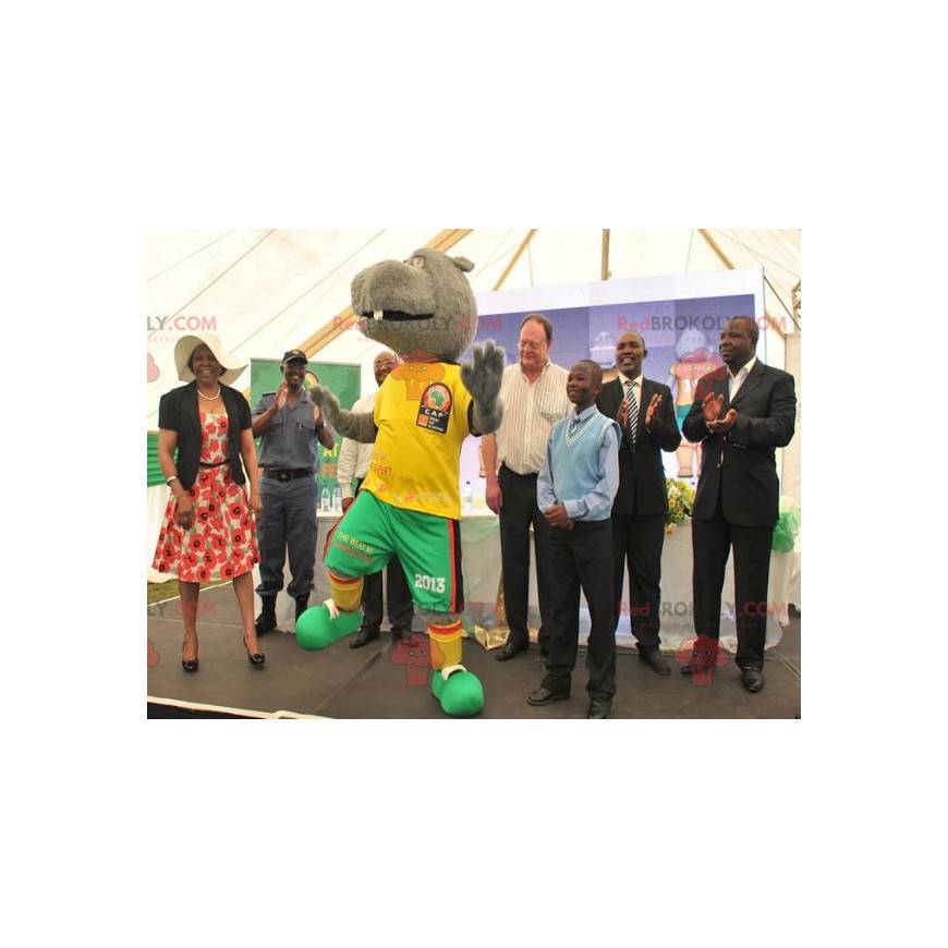 Gray hippopotamus mascot in yellow and green outfit -
