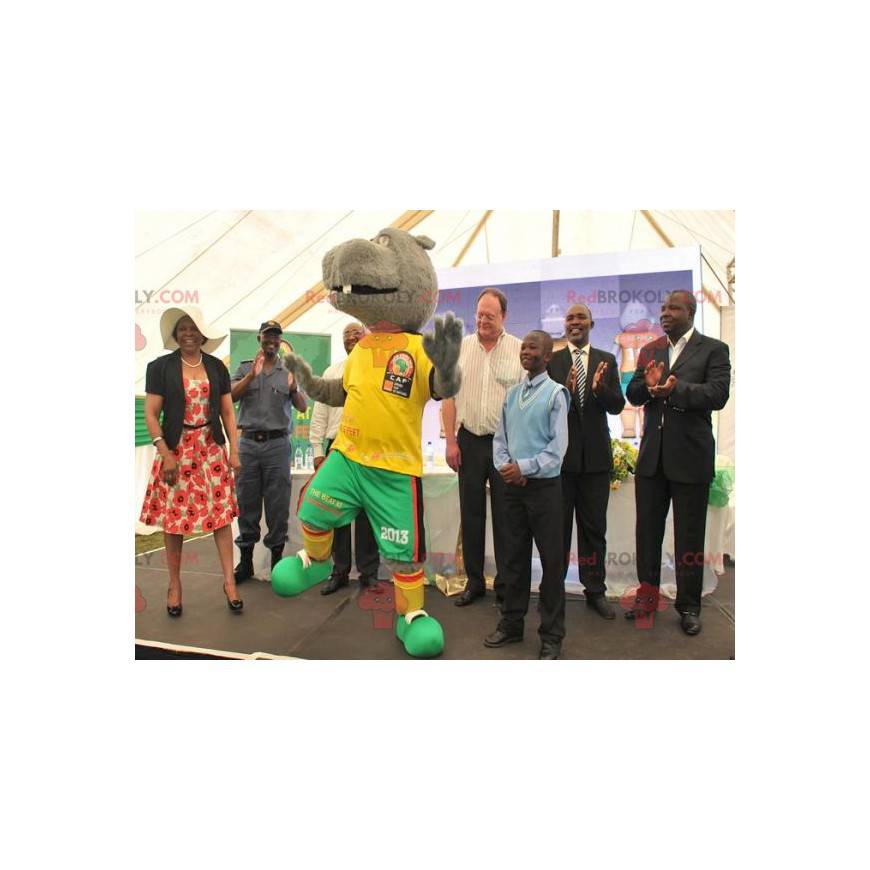 Mascotte ippopotamo grigio in abito giallo e verde - Mascotte ippopotamo grigio in abito giallo e verde -