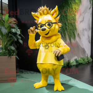 Yellow Wild Boar mascot costume character dressed with a Mini Dress and Eyeglasses