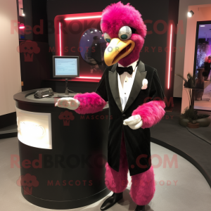 Magenta Ostrich mascot costume character dressed with a Tuxedo and Rings