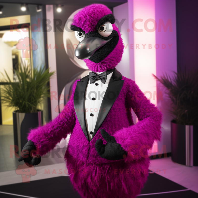 Magenta Ostrich mascot costume character dressed with a Tuxedo and Rings