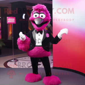 Magenta Ostrich mascot costume character dressed with a Tuxedo and Rings