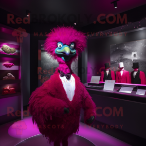 Magenta Ostrich mascot costume character dressed with a Tuxedo and Rings