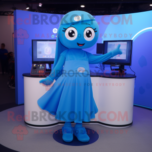 Blue Computer mascot costume character dressed with a Circle Skirt and Belts