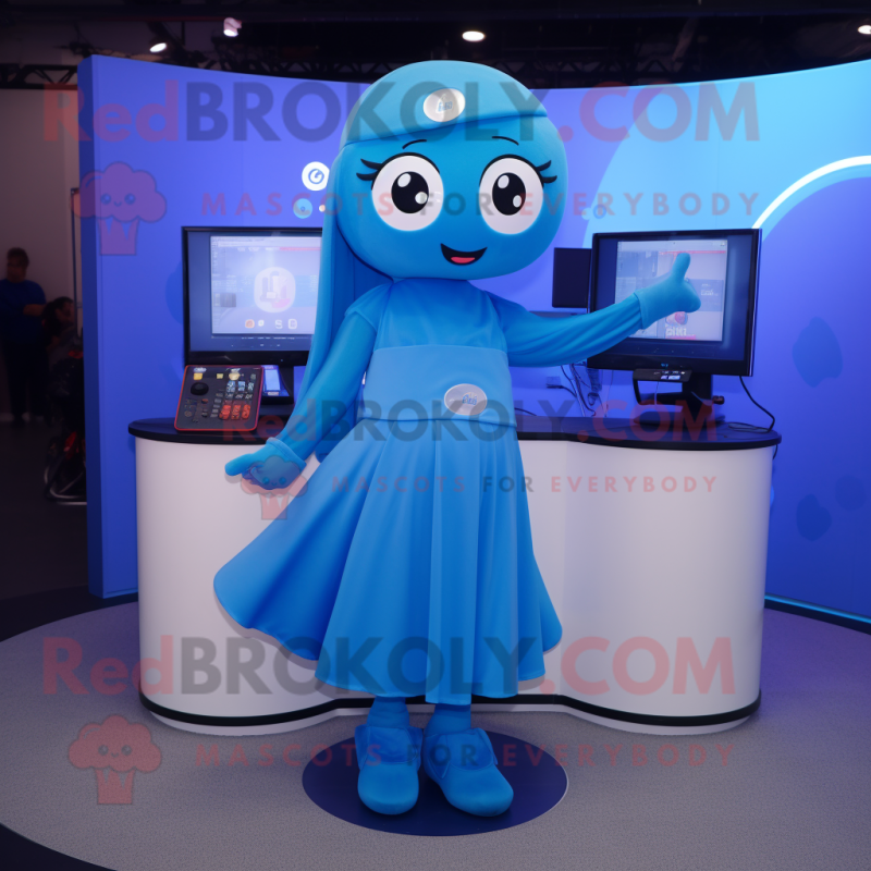 Blue Computer mascot costume character dressed with a Circle Skirt and Belts Blue Computer mascot costume character dressed with a Circle Skirt and Belts