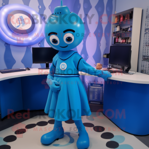 Blue Computer mascot costume character dressed with a Circle Skirt and Belts