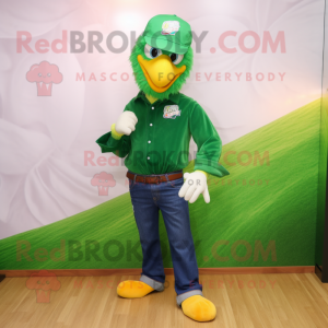 Green Eagle mascot costume character dressed with a Flare Jeans and Caps