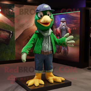 Green Eagle mascot costume character dressed with a Flare Jeans and Caps