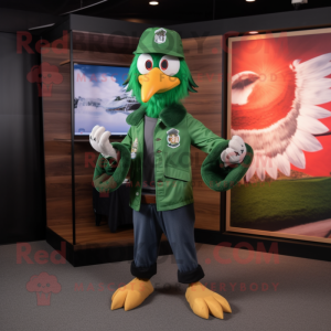 Green Eagle mascot costume character dressed with a Flare Jeans and Caps