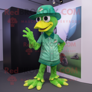 Green Eagle mascot costume character dressed with a Flare Jeans and Caps