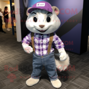 Lavender Ferret mascot costume character dressed with a Flannel Shirt and Belts