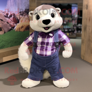 Lavender Ferret mascot costume character dressed with a Flannel Shirt and Belts
