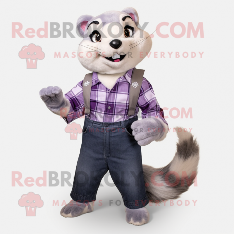 Lavender Ferret mascot costume character dressed with a Flannel Shirt and Belts Lavender Ferret mascot costume character dressed with a Flannel Shirt and Belts