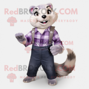 Lavender Ferret mascot costume character dressed with a Flannel Shirt and Belts