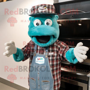 Teal Bbq Ribs mascot costume character dressed with a Flannel Shirt and Mittens