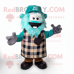 Teal Bbq Ribs mascot costume character dressed with a Flannel Shirt and Mittens