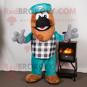 Teal Bbq Ribs mascot costume character dressed with a Flannel Shirt and Mittens