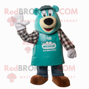 Teal Bbq Ribs mascot costume character dressed with a Flannel Shirt and Mittens