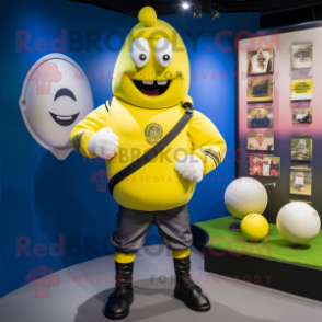 Lemon Yellow Soldier mascot costume character dressed with a Rugby Shirt and Brooches