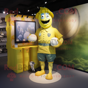 Lemon Yellow Soldier mascot costume character dressed with a Rugby Shirt and Brooches