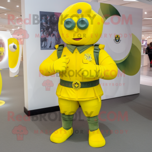 Lemon Yellow Soldier mascot costume character dressed with a Rugby Shirt and Brooches