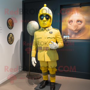 Lemon Yellow Soldier mascot costume character dressed with a Rugby Shirt and Brooches