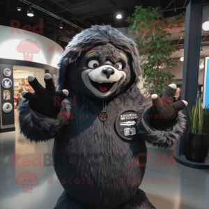 Black Giant Sloth mascot costume character dressed with a Sweatshirt and Rings