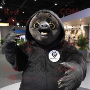 Black Giant Sloth mascot costume character dressed with a Sweatshirt and Rings