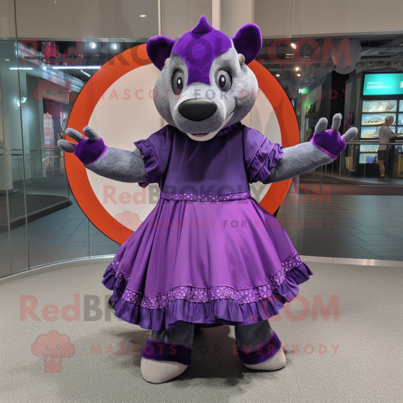 Purple Tapir mascot costume character dressed with a Circle Skirt and Cummerbunds