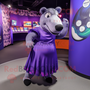 Purple Tapir mascot costume character dressed with a Circle Skirt and Cummerbunds