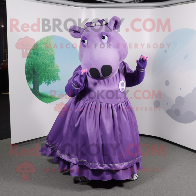 Purple Tapir mascot costume character dressed with a Circle Skirt and Cummerbunds