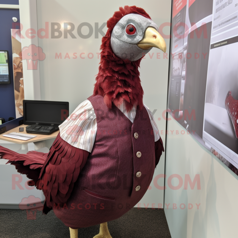 Maroon Guinea Fowl mascot costume character dressed with a Oxford Shirt and Anklets