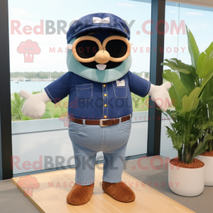 Navy Moussaka mascot costume character dressed with a Chambray Shirt and Sunglasses