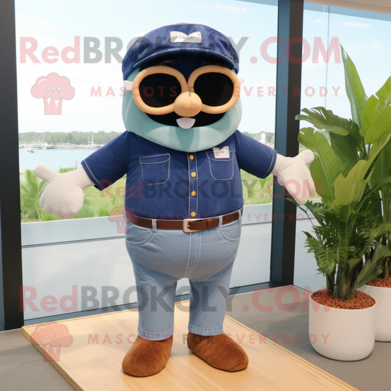 Navy Moussaka mascot costume character dressed with a Chambray Shirt and Sunglasses Navy Moussaka mascot costume character dressed with a Chambray Shirt and Sunglasses
