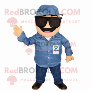 Navy Moussaka mascot costume character dressed with a Chambray Shirt and Sunglasses