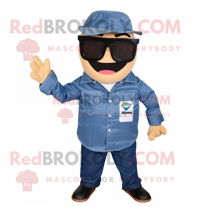 Navy Moussaka mascot costume character dressed with a Chambray Shirt and Sunglasses